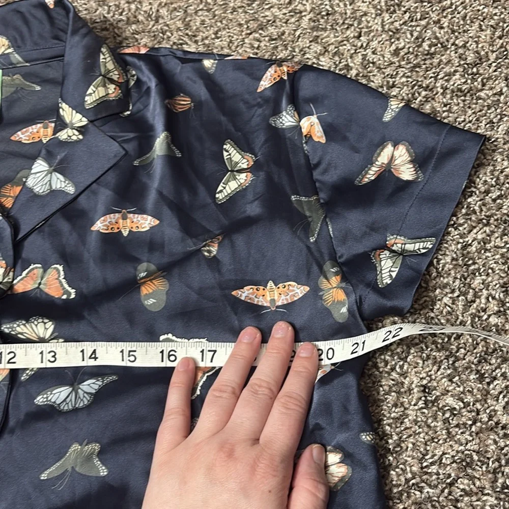 Honeydew Blue Butterfly Satin Like Pajama Top Button Down Size XS